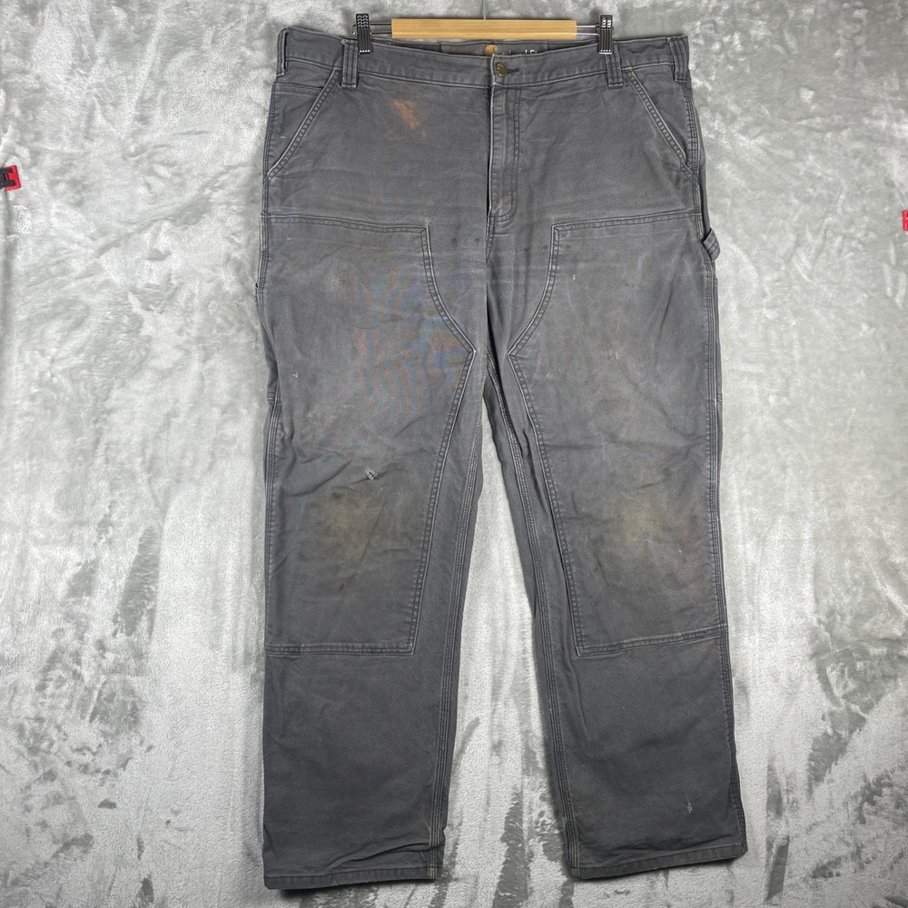Carhartt Double Front Logger Pants Mens 42x32 Distressed Grey Relaxed Fit 103334